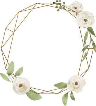 Round geometric gold frame with watercolor floral arrangement