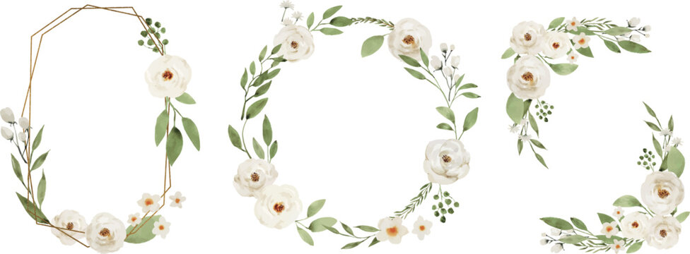 Collection of Geometric Frames with Watercolor White Flowers and Green Leaves