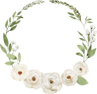 Round Wreath with White Roses and Greenery, Floral Border