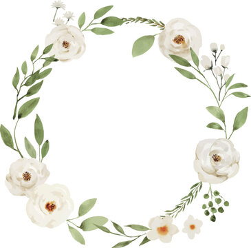 Circular Wreath Frame with White Flowers and Green Leaves