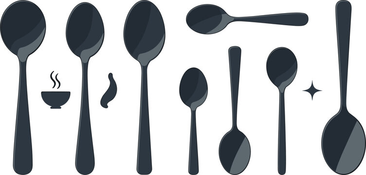 Stainless Steel Spoon Collection with Teaspoons, Tablespoons, Serving Spoons, and Cutlery Utensils for Kitchen and Dining Vector Set
