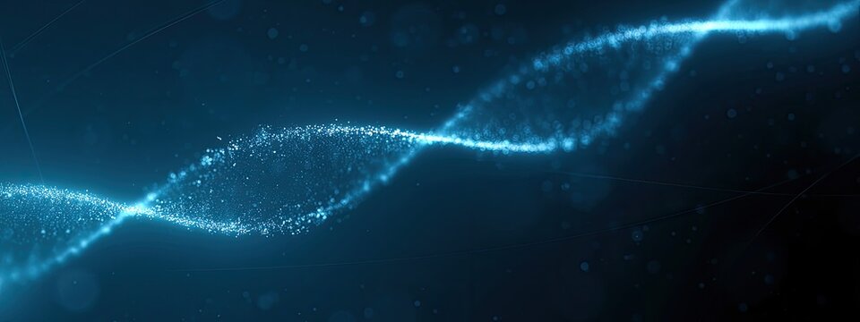 Glowing blue digital DNA helix against a dark, speckled background