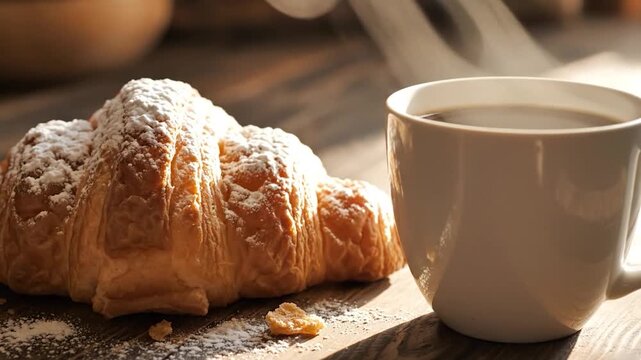 Fresh croissant and hot coffee on a rustic wooden table