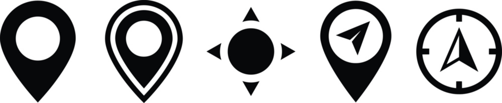 Location Pin and Navigation Compass Icons Vector Set for Maps and GPS Applications