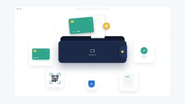Digital Finance E-Wallet Checkout Interface with Contactless Credit Card QR Code and Receipt Concept, Payment Gateway Integration and Secure Financial Transaction