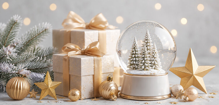 Christmas Snow Globe with Wrapped Gifts and Gold Stars