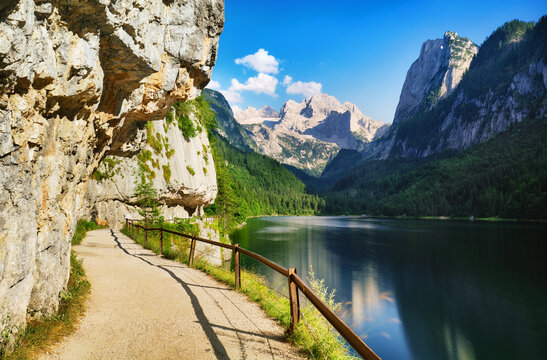 Gosausee lake in Austria Alps mountains. Austria alpine landscape in summer near Dachstein mountain range