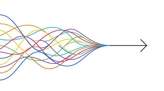 Abstract illustration of multiple colorful wavy lines converging into a single straight arrow representing unity and direction