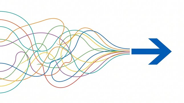 Abstract illustration of colorful chaotic lines organizing into a straight path leading to a blue arrow representing focus and clarity