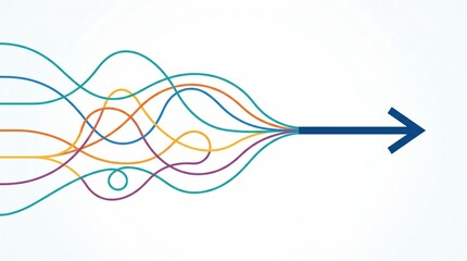Abstract illustration showing chaotic colorful lines converging into a single unified blue arrow representing strategic alignment