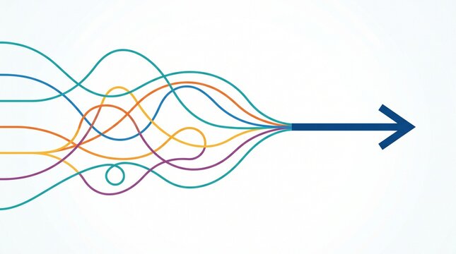 Abstract illustration showing chaotic colorful lines converging into a single unified blue arrow representing strategic alignment