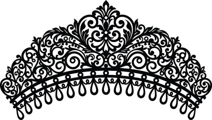 Elegant royal tiara silhouette with intricate filigree damask patterns for luxury queen bridal wedding crown vector ornament © MSTJOSNA