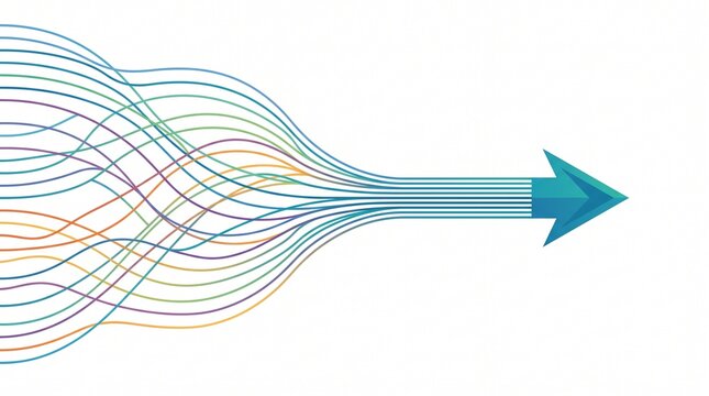 Abstract illustration of colorful interconnected lines converging into a unified solid arrow representing synergy and goal alignment