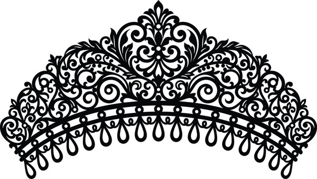 Elegant royal tiara silhouette with intricate filigree damask patterns for luxury queen bridal wedding crown vector ornament