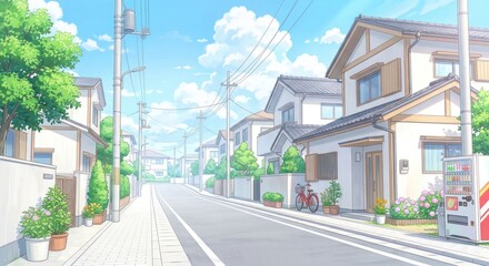 Obraz premium Sunny Quiet Residential Street with Traditional Houses and Vending Machine in Suburban Neighborhood