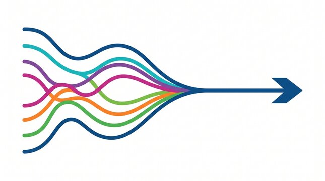 A conceptual graphic illustration featuring multiple colorful interwoven wavy lines merging into a single unified path represented by a sharp arrow pointing forward in a business