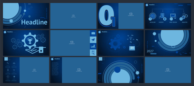 Business presentation template design. Set, infographic elements, abstract blue design, blue background. Financial, photo, booklet. Slideshow, corporate, annual report, icons. Vector illustration
