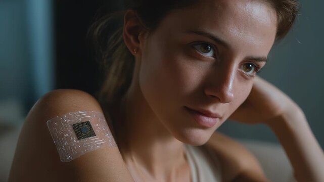 Woman with Futuristic Health Monitor Patch on Arm