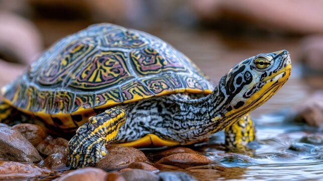 Detailed close up of a painted turtle with intricate shell patterns on transparent background