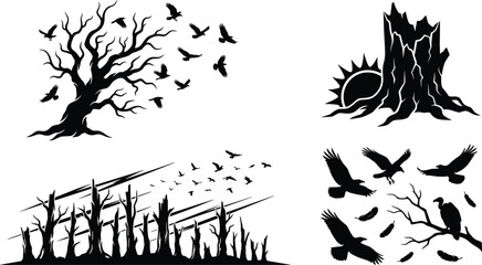 Obraz premium Spooky Dead Trees and Flying Crows Silhouette Vector Element Set with Spooky Forest, Tree Stump, Vultures, and Flying Birds Clip Art