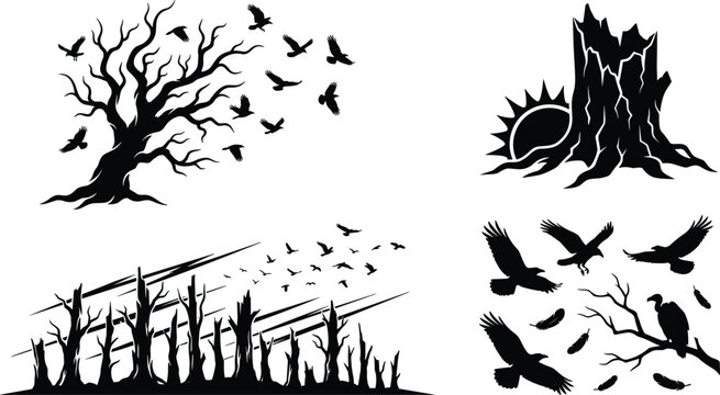 Spooky Dead Trees and Flying Crows Silhouette Vector Element Set with Spooky Forest, Tree Stump, Vultures, and Flying Birds Clip Art