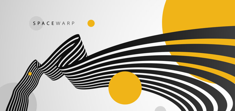 Vector abstract background with curve lines in 3D perspective and bright yellow circles, road look like tape with stripes, dynamic speed and motion.