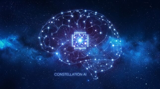 Advanced artificial intelligence neural brain model with glowing connectivity nodes in dark cosmic space intelligence technology connection abstract computing information innovation particle