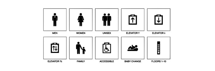 Fototapeta premium Icons Showing Restroom, Elevator, and Accessibility Signs Featuring Men, Women, Unisex with Family and Baby Elements for Change