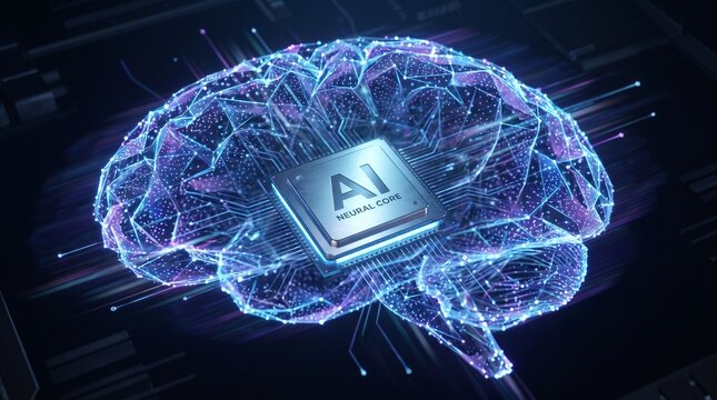 3D render of artificial intelligence brain with integrated cpu processor chip and glowing blue neural patterns artificial intelligence processor technology cybernetic computing innovation