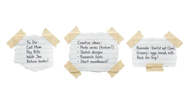 Set of paper notes with handwritten todo lists and reminders isolated on transparent background