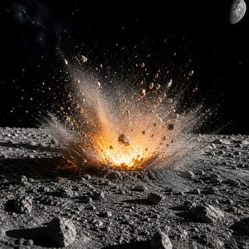 Cosmic impact explosion on rocky celestial surface with debris ejection with showcasing intense bright plasma scattered debris against dark space backdrop