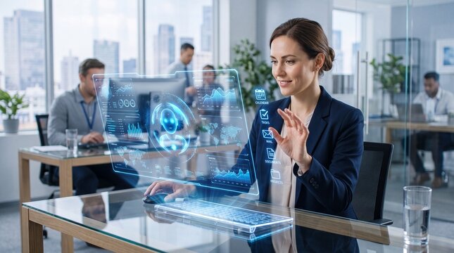 Futuristic businesswoman using holographic interface in modern office, female executive interacting with virtual data screen, advanced technology workspace