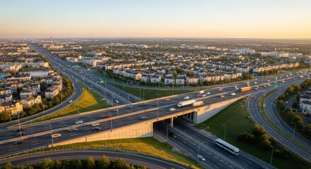 Fototapeta premium Expansive highway interchange with flowing traffic and urban cityscape at sunset