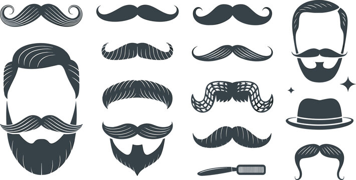 Vintage Mustache and Beard Collection with Barber Hairstyles, Facial Hair Styles, Hat, and Grooming Elements Vector Illustration Set