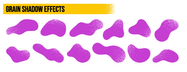 Fototapeta premium Abstract purple blob shapes set with grainy stipple texture and noise shadow effects. Organic fluid elements with dots and sand grain texture for modern graphic design or minimalist posters