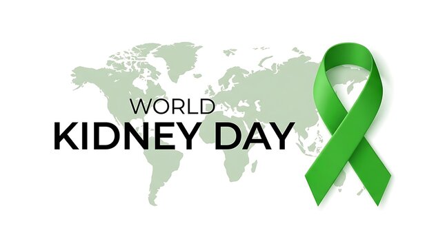 World Kidney Day awareness campaign with green ribbon. Global health event promoting organ donation and medical research.