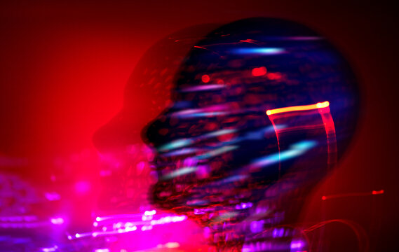 Abstract neon light trail head silhouette in cyberspace
