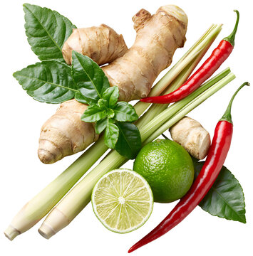 Fresh ingredients for Thai Tom Yum soup including lemongrass, galangal, kaffir lime leaves, chili, lime, and ginger isolated on white background.