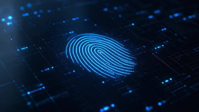 Blue Neon Digital Fingerprint animates onto the screen representing biometrics, identity verification and cyber security. 4k