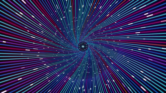 Abstract animated tunnel of colorful lines and dots representing optical fiber communication technology
