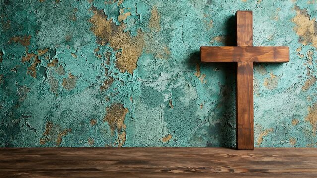 Wooden christian cross on rustic background symbolizing faith hope religion and spirituality