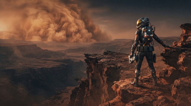 Astronaut stands alone on the jagged edge of a crimson planetary cliff while a massive dust storm approaches from the horizon during an exploration mission on the surface of a distant alien world.