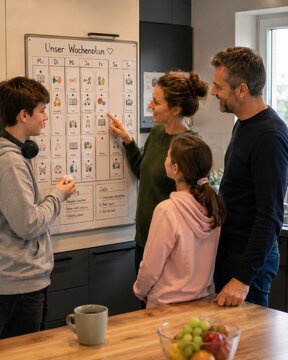 Family planning weekly schedule in a kitchen at home
