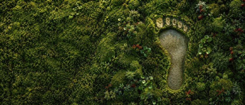Footprint in lush moss aerial overhead nature texture