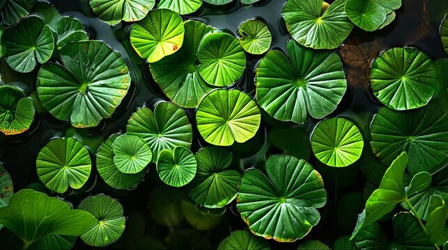Lush green lily pads float on dark water, forming a vibrant, natural aquatic pattern