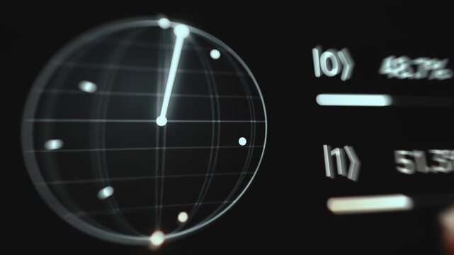 Bloch Sphere State Arrow Beside Qubit Probability Distribution On A Quantum Screen