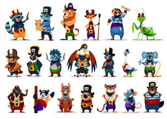 Fototapeta premium Cartoon animal and bird pirate crew characters in corsair costumes and hats. Cute parrot, lion, dog and cat captain pirate vector personages. Happy seagull, rat, eagle, owl and panda animal corsairs