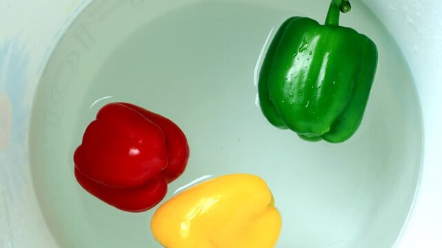 Fresh multi color paprika, chilli and capsicum spinning in water table top view close up.