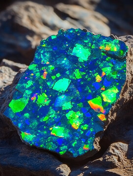Vibrant black opal gemstone with brilliant green and blue play of color embedded in rock matrix