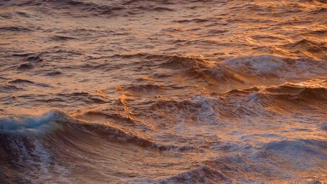 Caribbean Sea waves bathed in warm golden sunset light create stunning orange and amber reflections on the water surface. Choppy ocean swells roll continuously with white foam cresting on wave peaks.